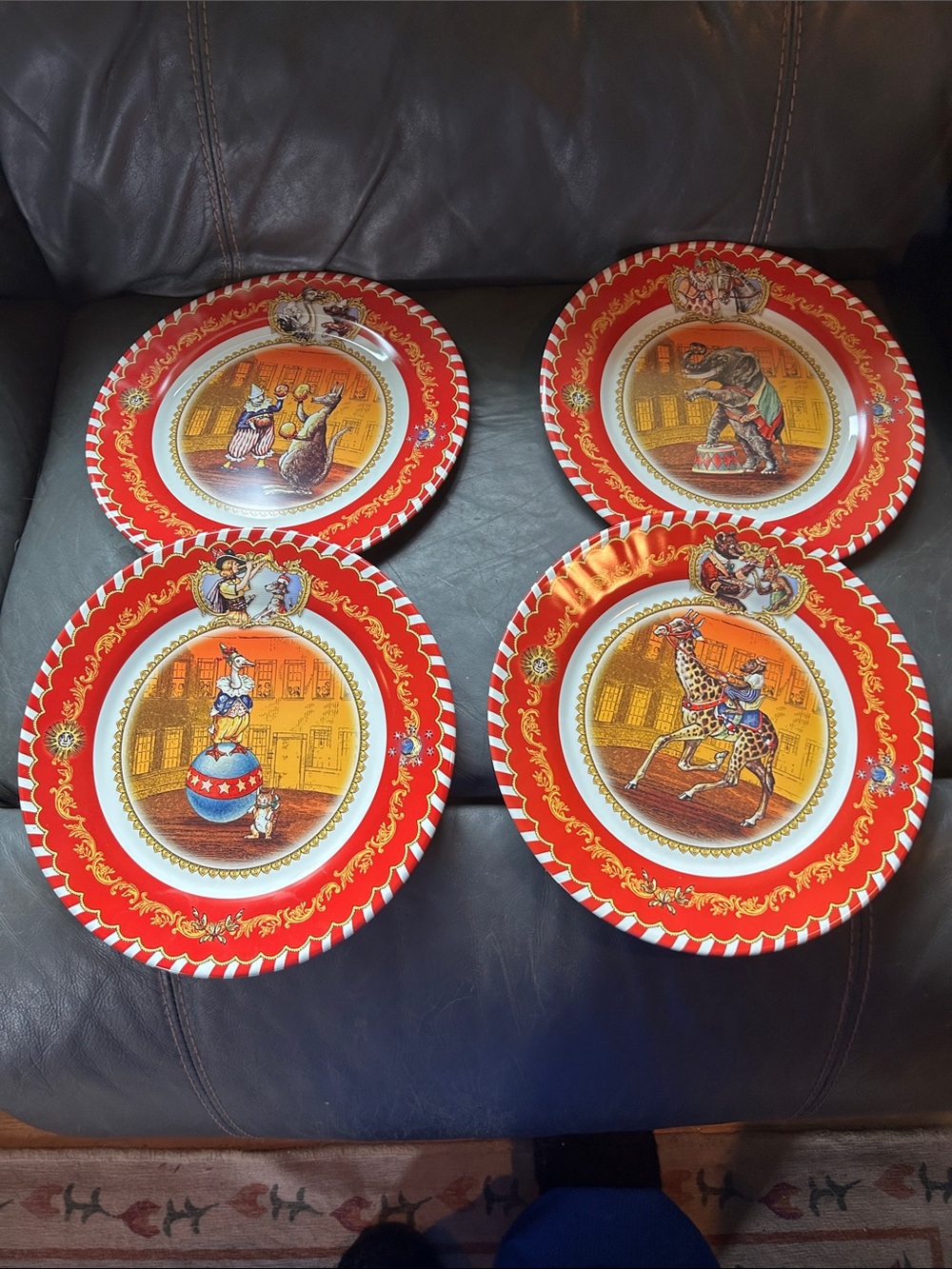 Restoration Hardware Red Circus Motif Dinner Plates (Set of 4)